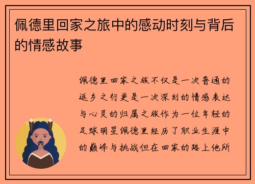 佩德里回家之旅中的感动时刻与背后的情感故事