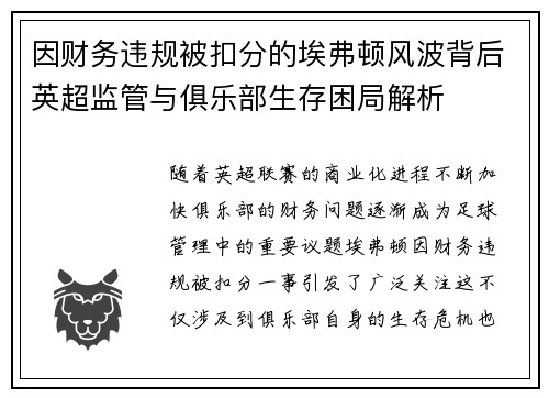 因财务违规被扣分的埃弗顿风波背后英超监管与俱乐部生存困局解析 因财务违规被扣分的埃弗顿风波背后英超监管与俱乐部生存困局解析