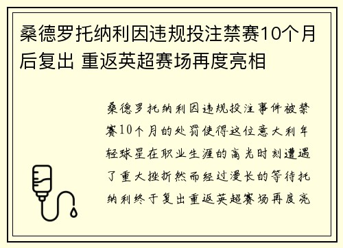 桑德罗托纳利因违规投注禁赛10个月后复出 重返英超赛场再度亮相 桑德罗托纳利因违规投注禁赛10个月后复出 重返英超赛场再度亮相
